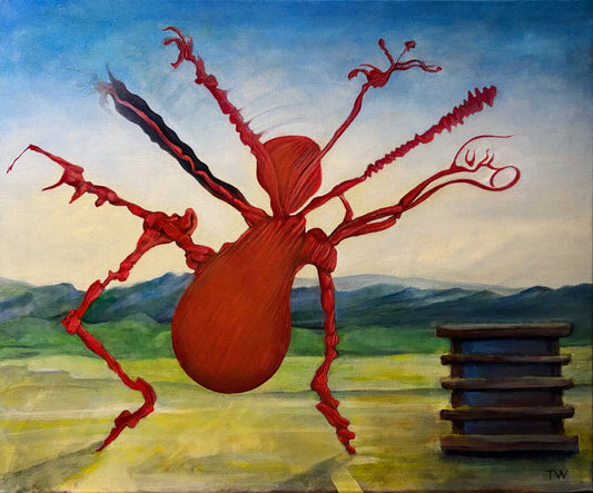 Overripe Red Pear  - original oil painting - surrealism - landscape