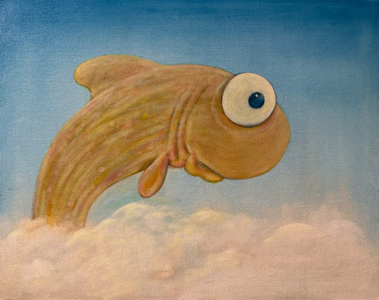 TOO HIGH! - original oil painting - fish - fishing - comics - cartoons